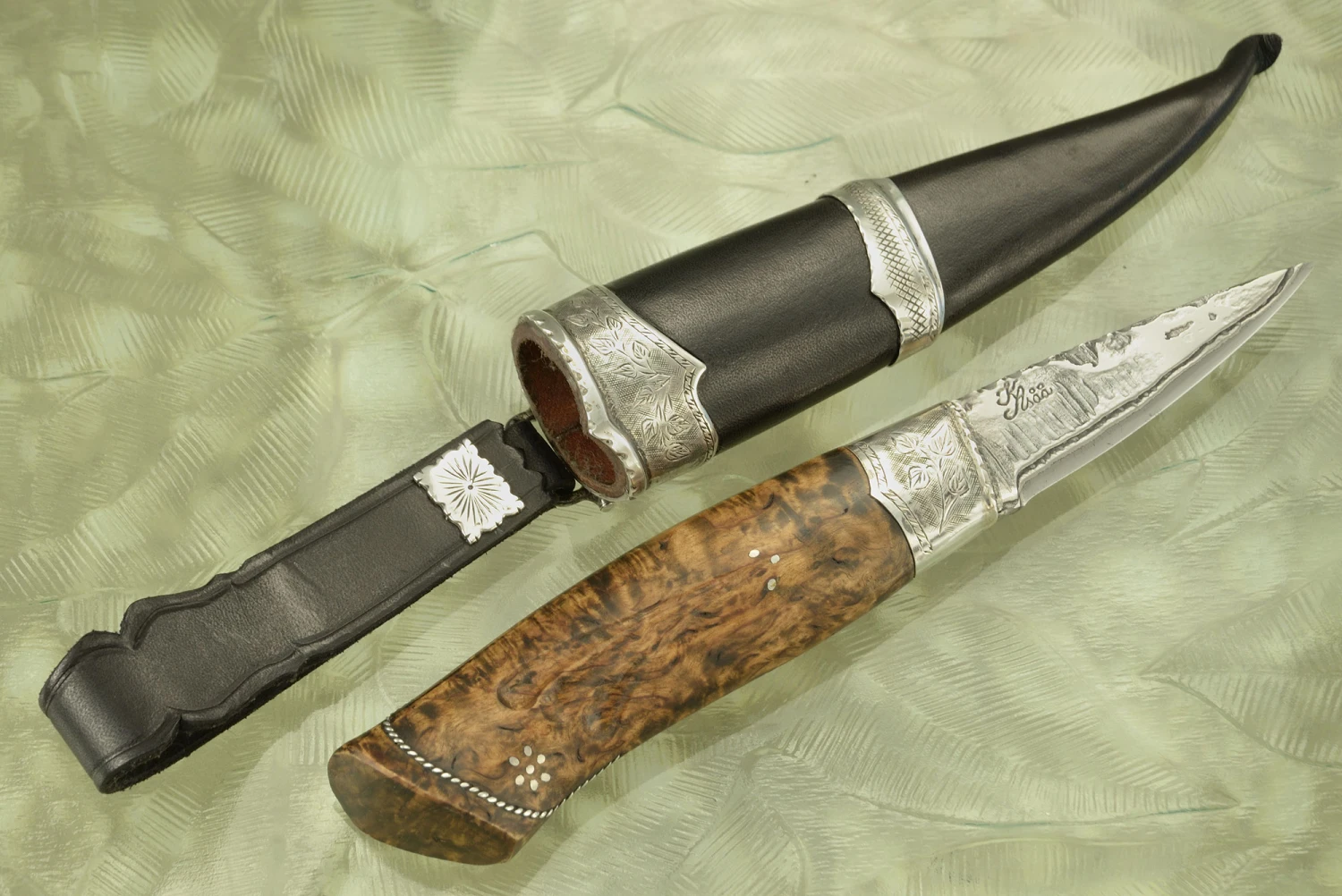 San Mai Puukko With Masur Birch And Engraved Sterling Silver 1 San Mai Puukko With Masur Birch And Engraved Sterling Silver