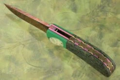 Flipper With Heat Colored Damascus, Ancient Sea Cow Bone, And Warthog Tusk -Optimal Knives Store 103474 4 x