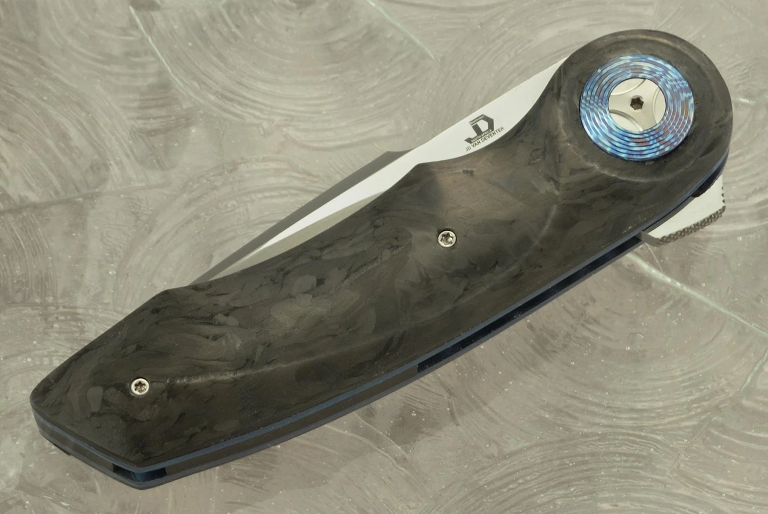 Gold Mini Flipper With Marble Carbon Fiber And Timascus Pivot Collar (Ceramic IKBS) - CPM-154 2 Gold Mini Flipper With Marble Carbon Fiber And Timascus Pivot Collar (Ceramic IKBS) - CPM-154 - Image 2