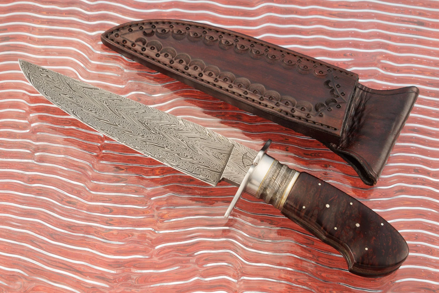 Damascus Bowie With Redwood Lace Burl 1 Damascus Bowie With Redwood Lace Burl