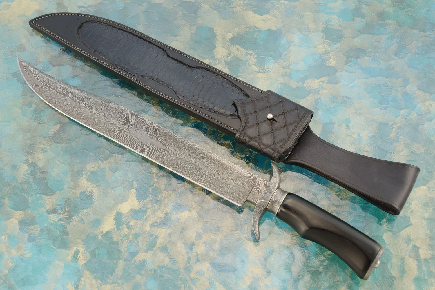 Feather Damascus Bowie With Black G10 1 Feather Damascus Bowie With Black G10