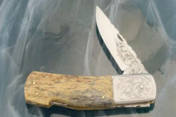 Engraved Backlock Folder With Giraffe Bone -Optimal Knives Store 105821 4 x