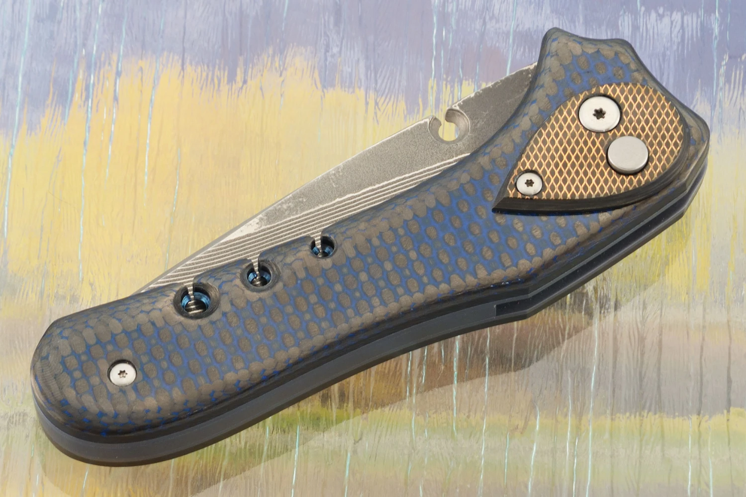 Kauai Pool Lock With Blue/Black Carbon Fiber And San Mai Damascus 2 Kauai Pool Lock With Blue/Black Carbon Fiber And San Mai Damascus - Image 2