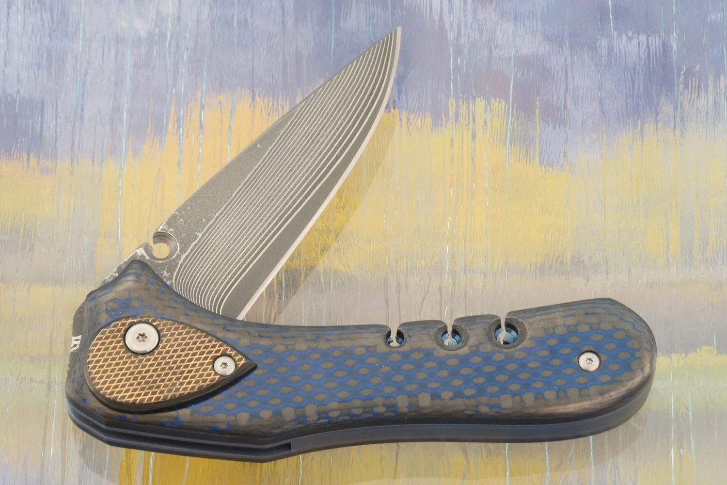 Kauai Pool Lock With Blue/Black Carbon Fiber And San Mai Damascus 4 Kauai Pool Lock With Blue/Black Carbon Fiber And San Mai Damascus - Image 4