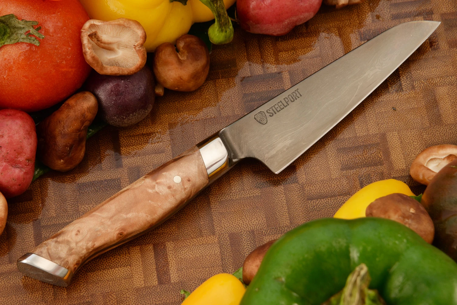 Forged Paring Knife With Bigleaf Maple Burl (4") - 52100 Carbon Steel 1 Forged Paring Knife With Bigleaf Maple Burl (4") - 52100 Carbon Steel