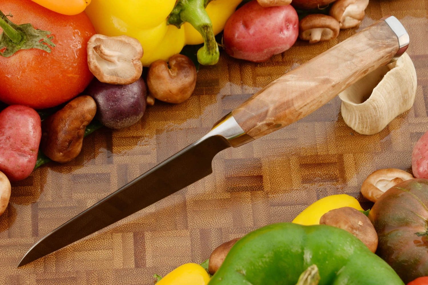 Forged Paring Knife With Bigleaf Maple Burl (4") - 52100 Carbon Steel 2 Forged Paring Knife With Bigleaf Maple Burl (4") - 52100 Carbon Steel - Image 2