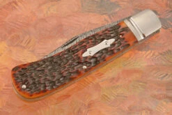 Feather Damascus Slipjoint Trapper With Amber Jigged Bone -Optimal Knives Store 106125 3 x
