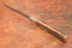 Feather Damascus Slipjoint Trapper With Amber Jigged Bone -Optimal Knives Store 106125 4 x