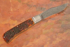 Feather Damascus Slipjoint Trapper With Amber Jigged Bone -Optimal Knives Store 106125 7 x