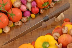 Flame Tooth Mosaic Damascus Chef's Knife (Gyuto) With Curly Walnut (7-1/2 In.) 10 Flame Tooth Mosaic Damascus Chef's Knife (Gyuto) With Curly Walnut (7-1/2 In.) -Optimal Knives Store 106937 4 x