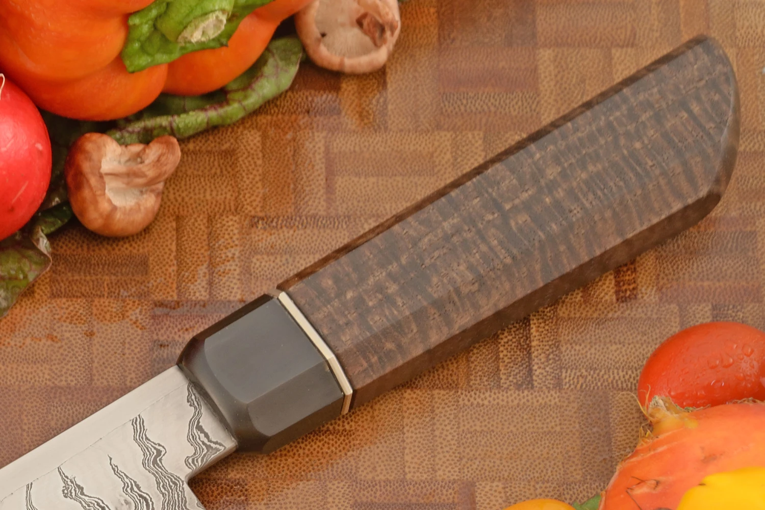 Flame Tooth Mosaic Damascus Chef's Knife (Gyuto) With Curly Walnut (7-1/2 In.) 5 Flame Tooth Mosaic Damascus Chef's Knife (Gyuto) With Curly Walnut (7-1/2 In.) - Image 5