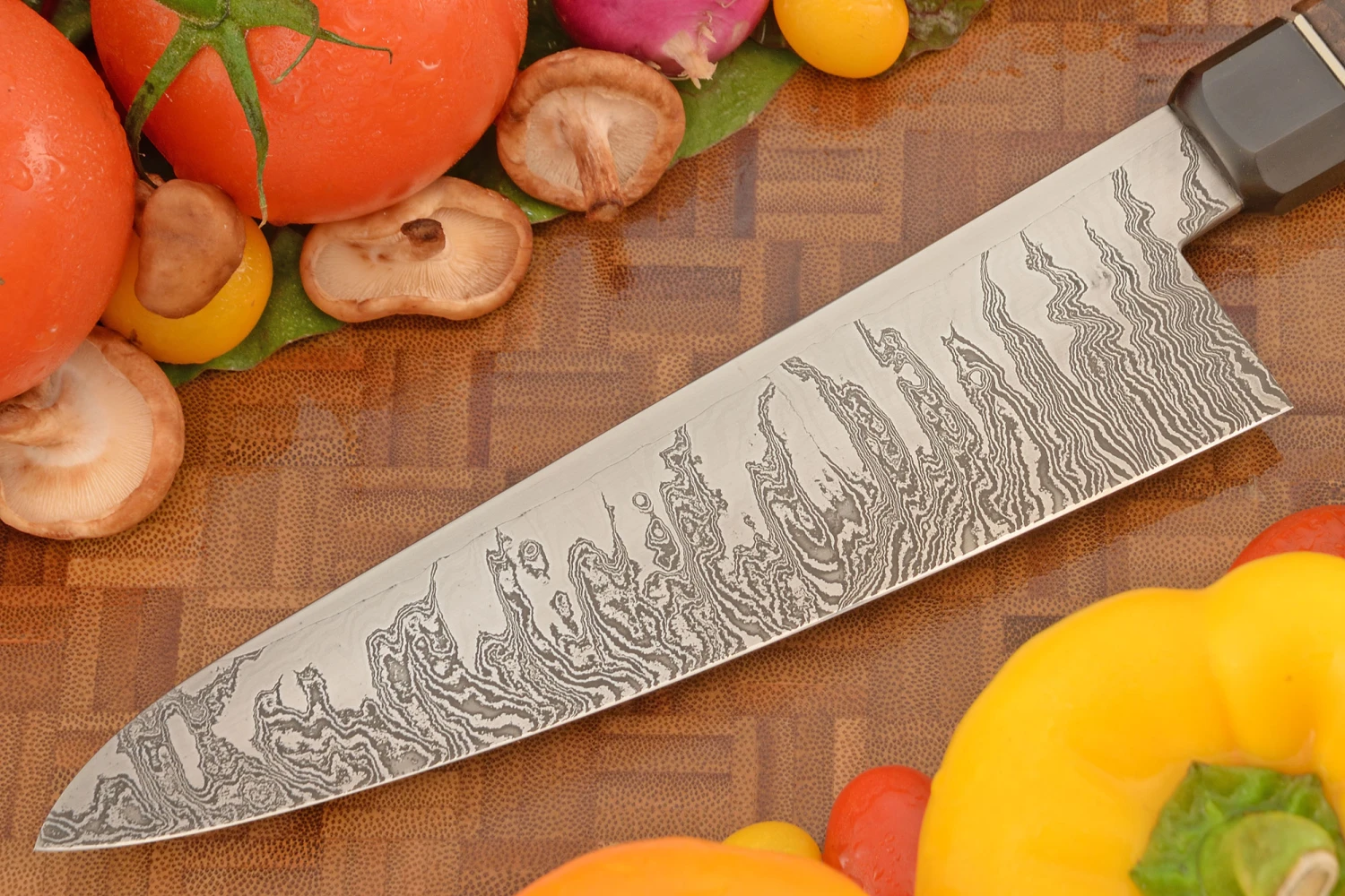 Flame Tooth Mosaic Damascus Chef's Knife (Gyuto) With Curly Walnut (7-1/2 In.) 6 Flame Tooth Mosaic Damascus Chef's Knife (Gyuto) With Curly Walnut (7-1/2 In.) - Image 6