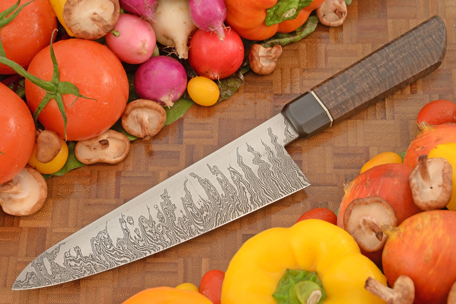 Flame Tooth Mosaic Damascus Chef's Knife (Gyuto) With Curly Walnut (7-1/2 In.) 7 Flame Tooth Mosaic Damascus Chef's Knife (Gyuto) With Curly Walnut (7-1/2 In.) - Image 7