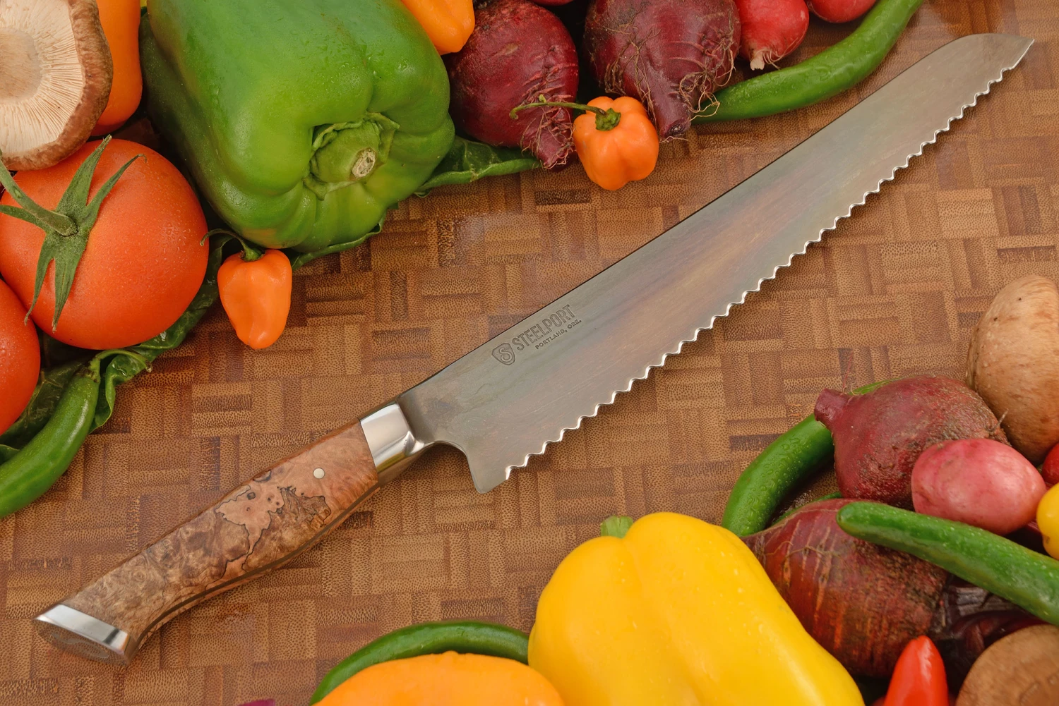 Forged Bread Knife With Bigleaf Maple Burl (10") - 52100 Carbon Steel 1 Forged Bread Knife With Bigleaf Maple Burl (10") - 52100 Carbon Steel