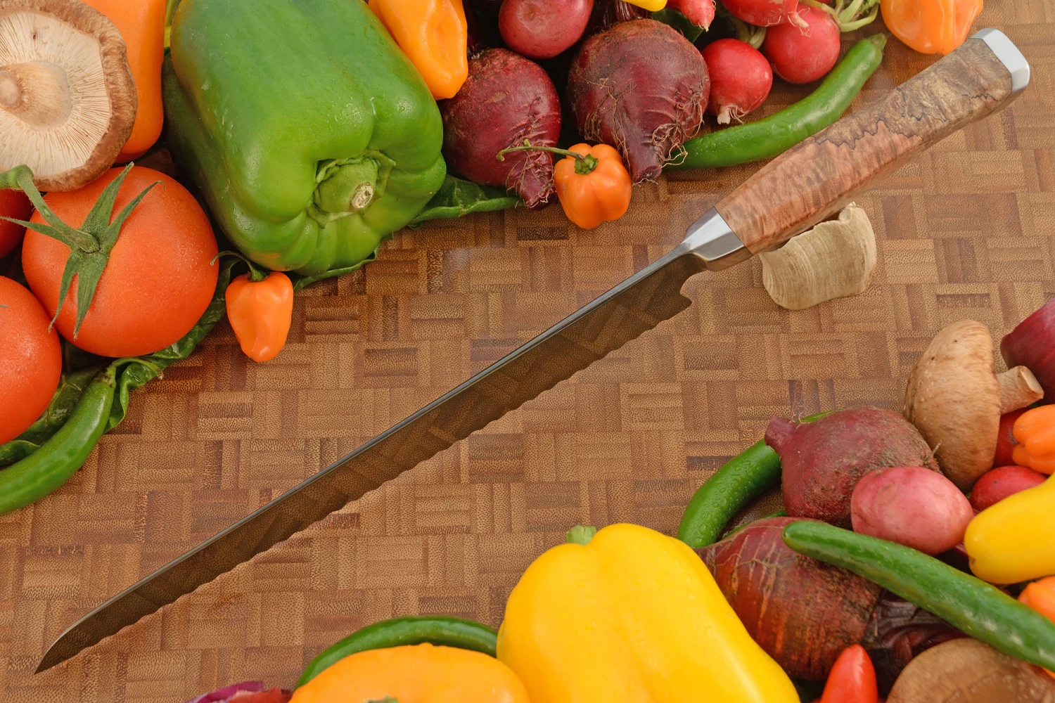 Forged Bread Knife With Bigleaf Maple Burl (10") - 52100 Carbon Steel 3 Forged Bread Knife With Bigleaf Maple Burl (10") - 52100 Carbon Steel - Image 3