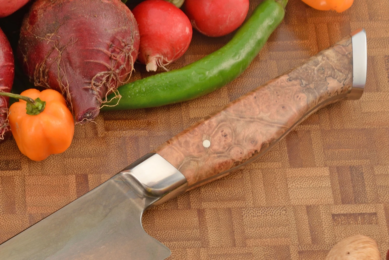 Forged Bread Knife With Bigleaf Maple Burl (10") - 52100 Carbon Steel 4 Forged Bread Knife With Bigleaf Maple Burl (10") - 52100 Carbon Steel - Image 4