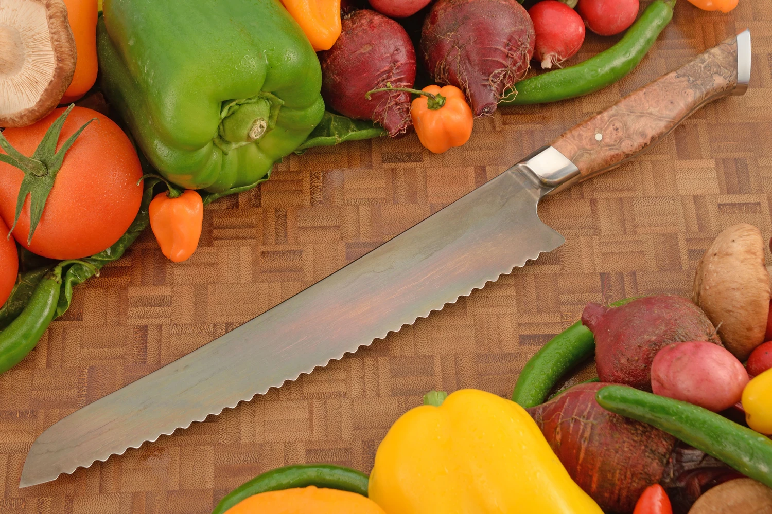 Forged Bread Knife With Bigleaf Maple Burl (10") - 52100 Carbon Steel 5 Forged Bread Knife With Bigleaf Maple Burl (10") - 52100 Carbon Steel - Image 5