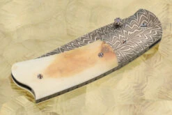 Feather Damascus Folder With Ancient Walrus Ivory -Optimal Knives Store 107271 3 x