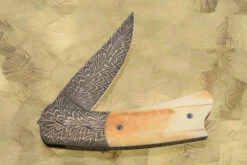 Feather Damascus Folder With Ancient Walrus Ivory -Optimal Knives Store 107271 5 x