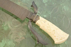 Damascus S-Guard Bowie With Carved Walrus Ivory -Optimal Knives Store 107281 3 x
