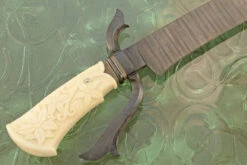 Damascus S-Guard Bowie With Carved Walrus Ivory -Optimal Knives Store 107281 5 x