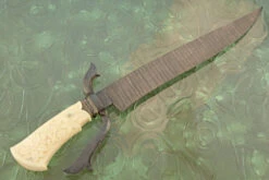 Damascus S-Guard Bowie With Carved Walrus Ivory -Optimal Knives Store 107281 7 x