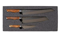 Three Knife Gift Set - Chef Knife (8 In.), Parer (4 In.), Bread Knife (10 In.) With Bigleaf Maple Burl - 52100 Carbon Steel -Optimal Knives Store 107561 3 x