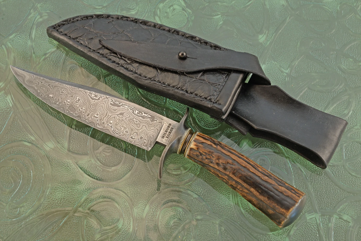 Damascus Bowie With Stag And Wrought Iron 1 Damascus Bowie With Stag And Wrought Iron