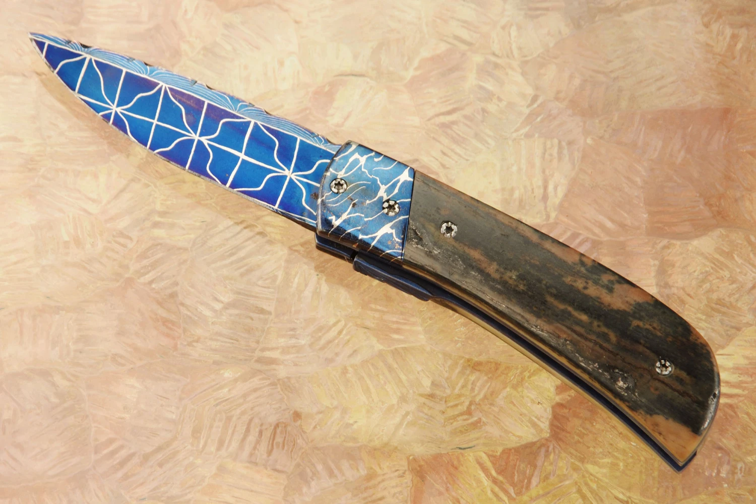 Liner Lock Folder With Blued Damascus And Mammoth Ivory 1 Liner Lock Folder With Blued Damascus And Mammoth Ivory