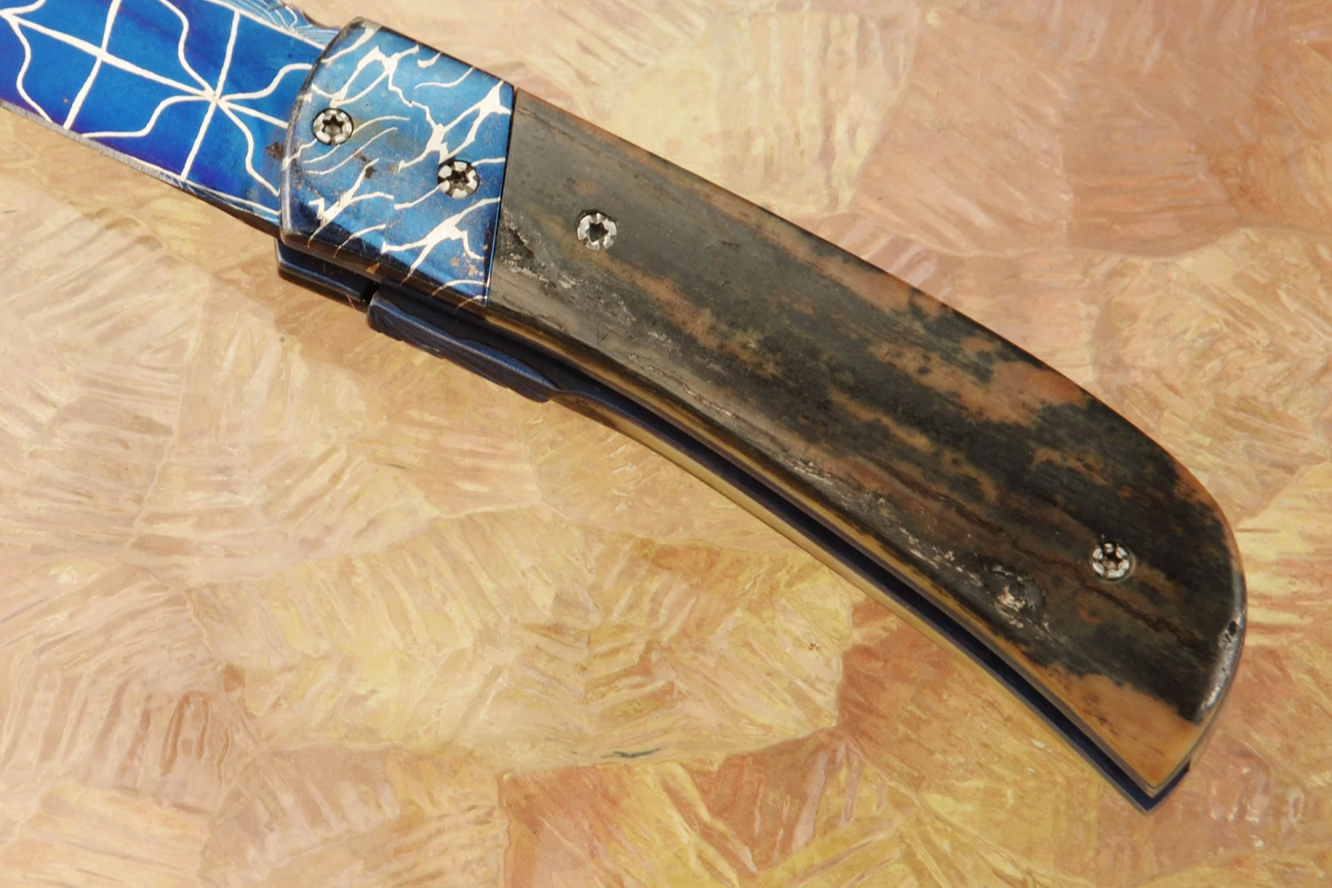 Liner Lock Folder With Blued Damascus And Mammoth Ivory 3 Liner Lock Folder With Blued Damascus And Mammoth Ivory - Image 3