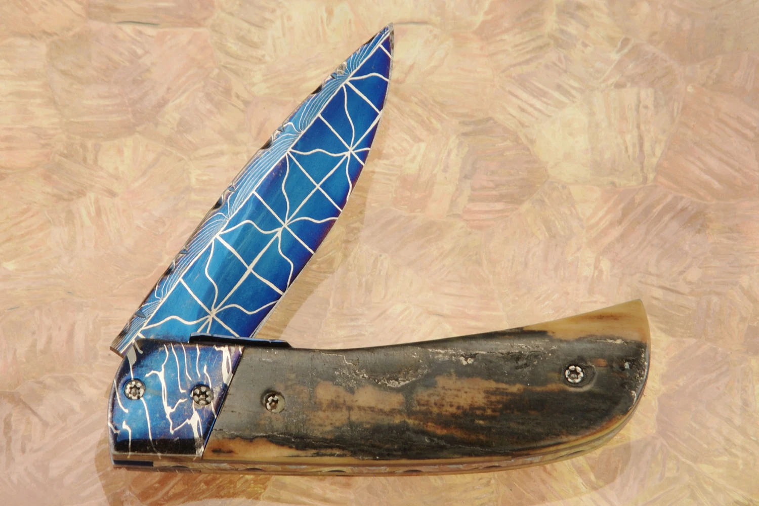 Liner Lock Folder With Blued Damascus And Mammoth Ivory 5 Liner Lock Folder With Blued Damascus And Mammoth Ivory - Image 5