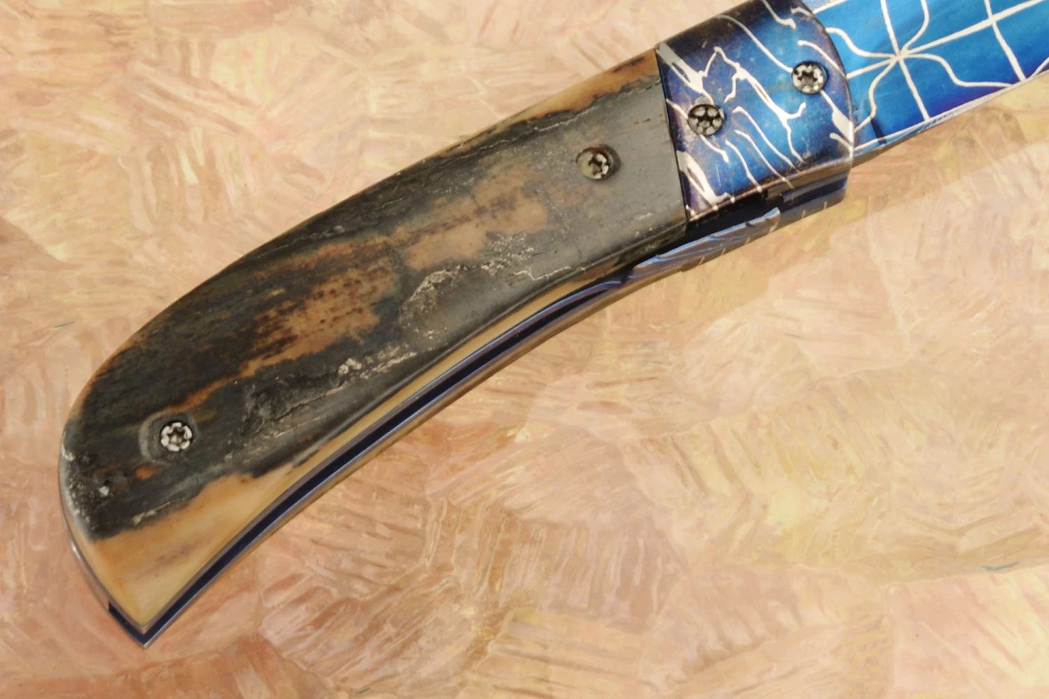 Liner Lock Folder With Blued Damascus And Mammoth Ivory 6 Liner Lock Folder With Blued Damascus And Mammoth Ivory - Image 6