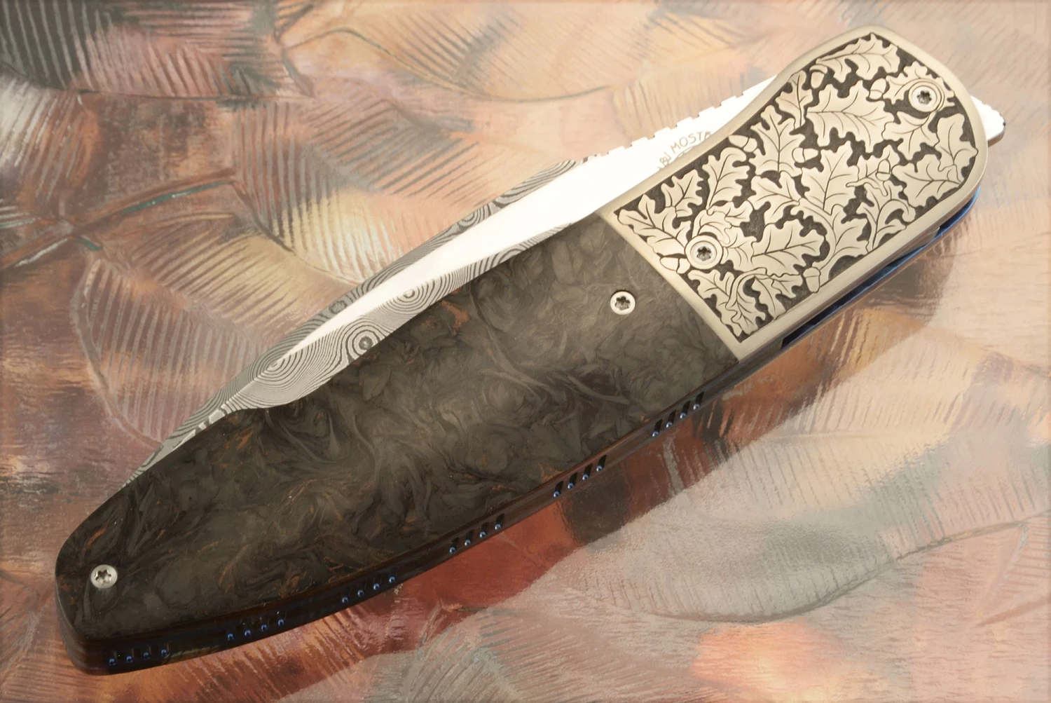 HI-06 Engraved Front Flipper With Damascus And Copper Dark Matter FatCarbon (Ceramic IKBS) 2 HI-06 Engraved Front Flipper With Damascus And Copper Dark Matter FatCarbon (Ceramic IKBS) - Image 2