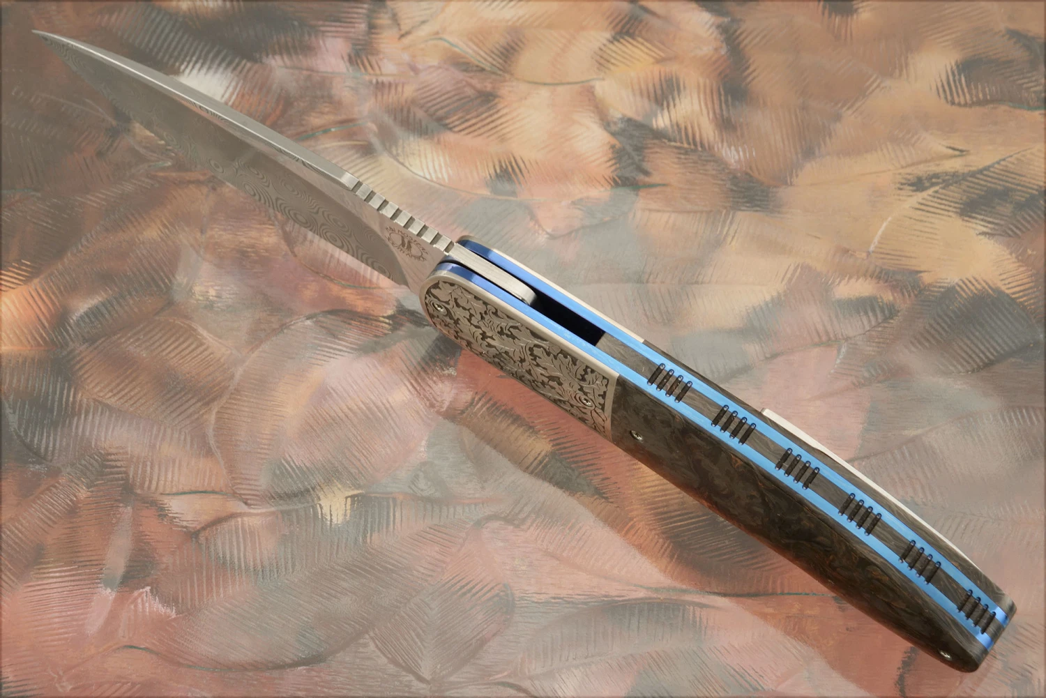 HI-06 Engraved Front Flipper With Damascus And Copper Dark Matter FatCarbon (Ceramic IKBS) 3 HI-06 Engraved Front Flipper With Damascus And Copper Dark Matter FatCarbon (Ceramic IKBS) - Image 3
