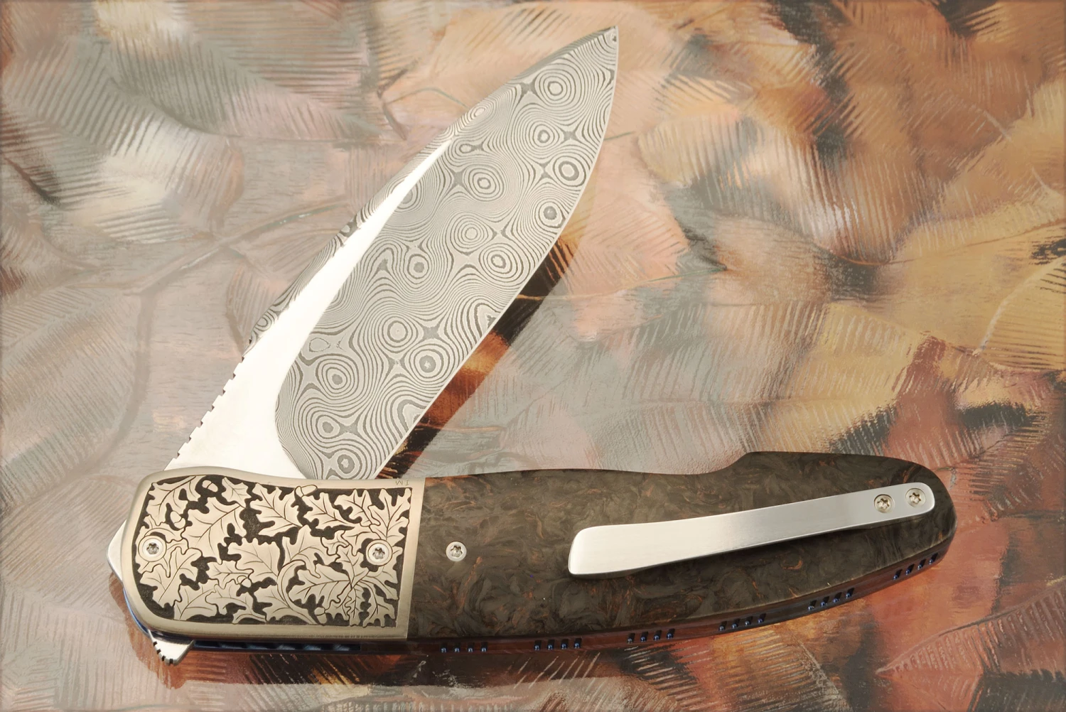 HI-06 Engraved Front Flipper With Damascus And Copper Dark Matter FatCarbon (Ceramic IKBS) 4 HI-06 Engraved Front Flipper With Damascus And Copper Dark Matter FatCarbon (Ceramic IKBS) - Image 4