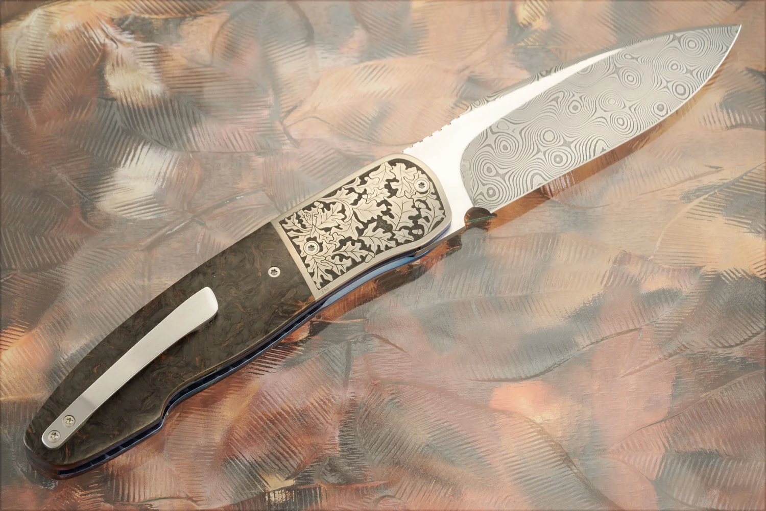 HI-06 Engraved Front Flipper With Damascus And Copper Dark Matter FatCarbon (Ceramic IKBS) 5 HI-06 Engraved Front Flipper With Damascus And Copper Dark Matter FatCarbon (Ceramic IKBS) - Image 5