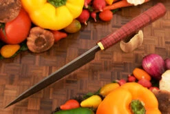 San Mai Damascus Chef's Knife With Curly Maple (6-3/4 In) 11 San Mai Damascus Chef's Knife With Curly Maple (6-3/4 In) -Optimal Knives Store 107989 4 x