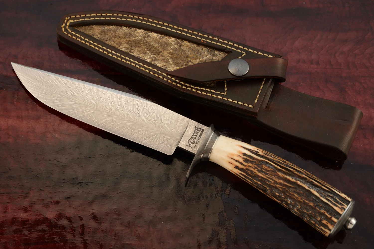 Feather Damascus Clip Point Hunter With Stag 1 Feather Damascus Clip Point Hunter With Stag