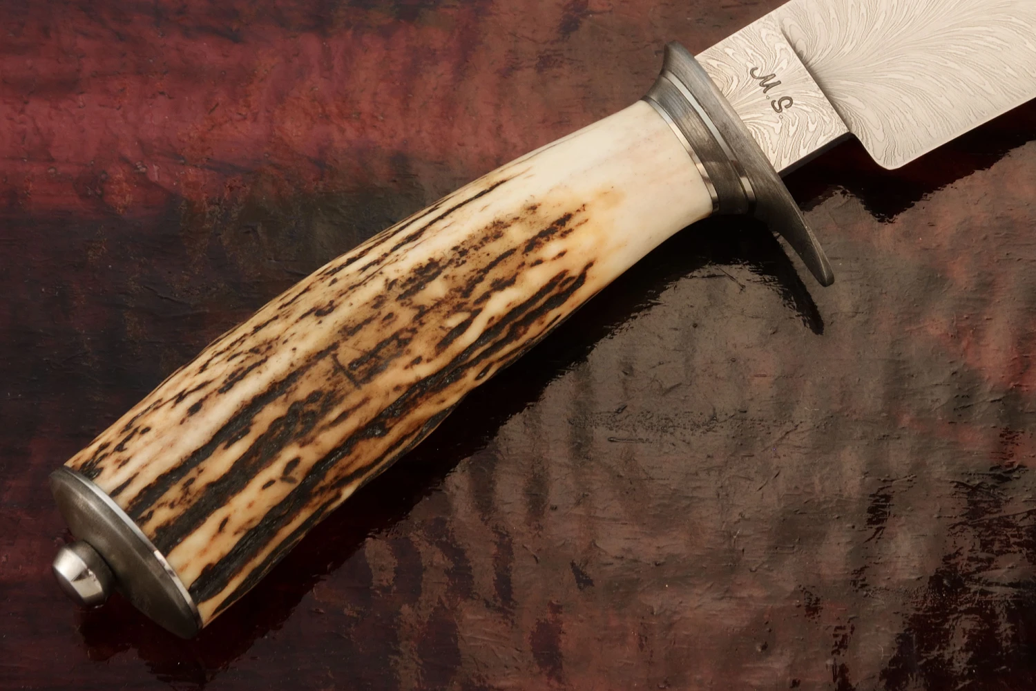 Feather Damascus Clip Point Hunter With Stag 5 Feather Damascus Clip Point Hunter With Stag - Image 5