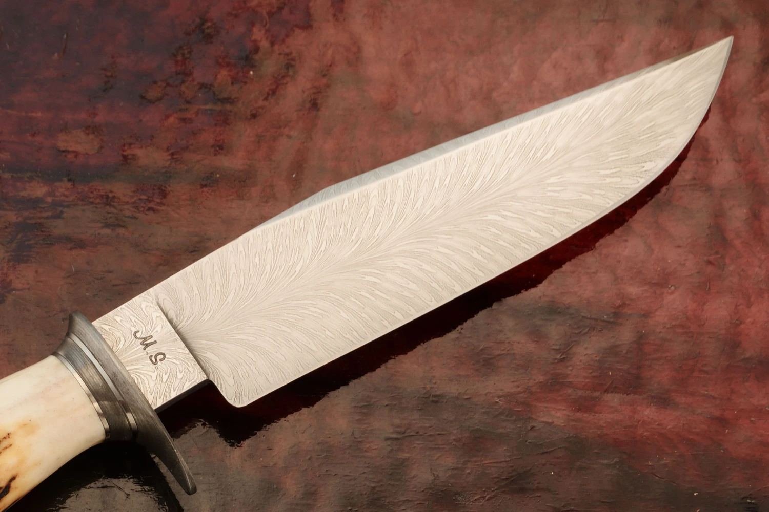 Feather Damascus Clip Point Hunter With Stag 6 Feather Damascus Clip Point Hunter With Stag - Image 6