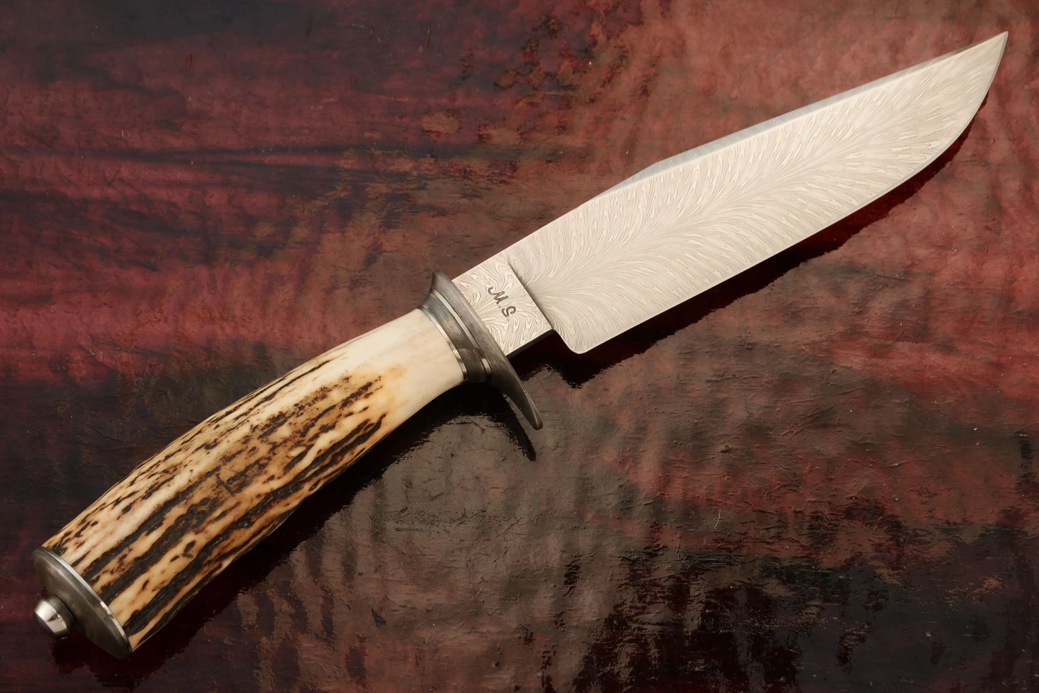 Feather Damascus Clip Point Hunter With Stag 7 Feather Damascus Clip Point Hunter With Stag - Image 7