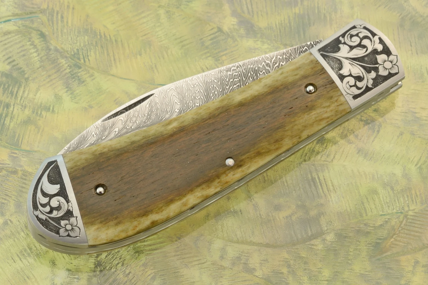 Engraved Feather Damascus Zulu Slipjoint With Green Bone 3 Engraved Feather Damascus Zulu Slipjoint With Green Bone - Image 3
