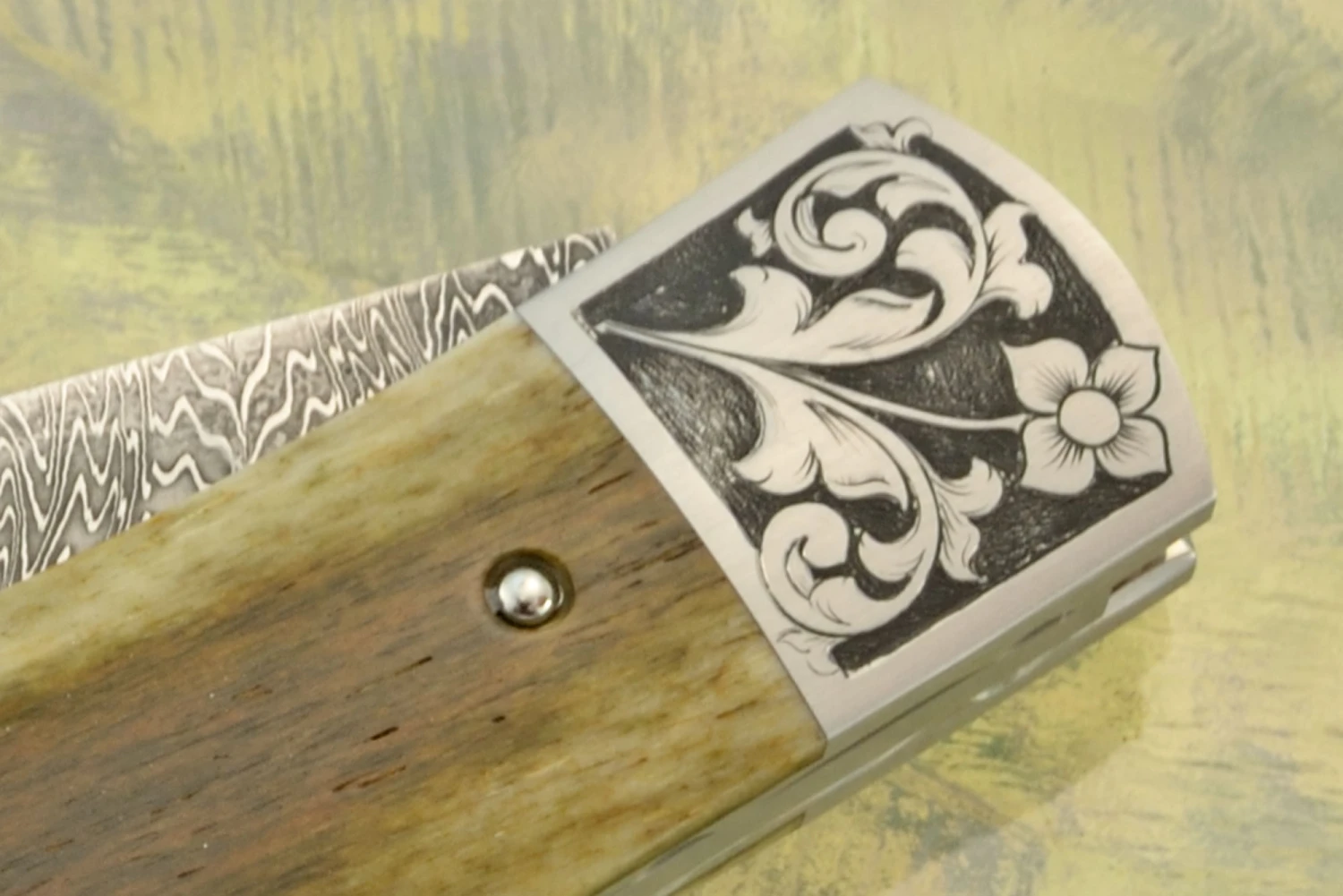 Engraved Feather Damascus Zulu Slipjoint With Green Bone 4 Engraved Feather Damascus Zulu Slipjoint With Green Bone - Image 4