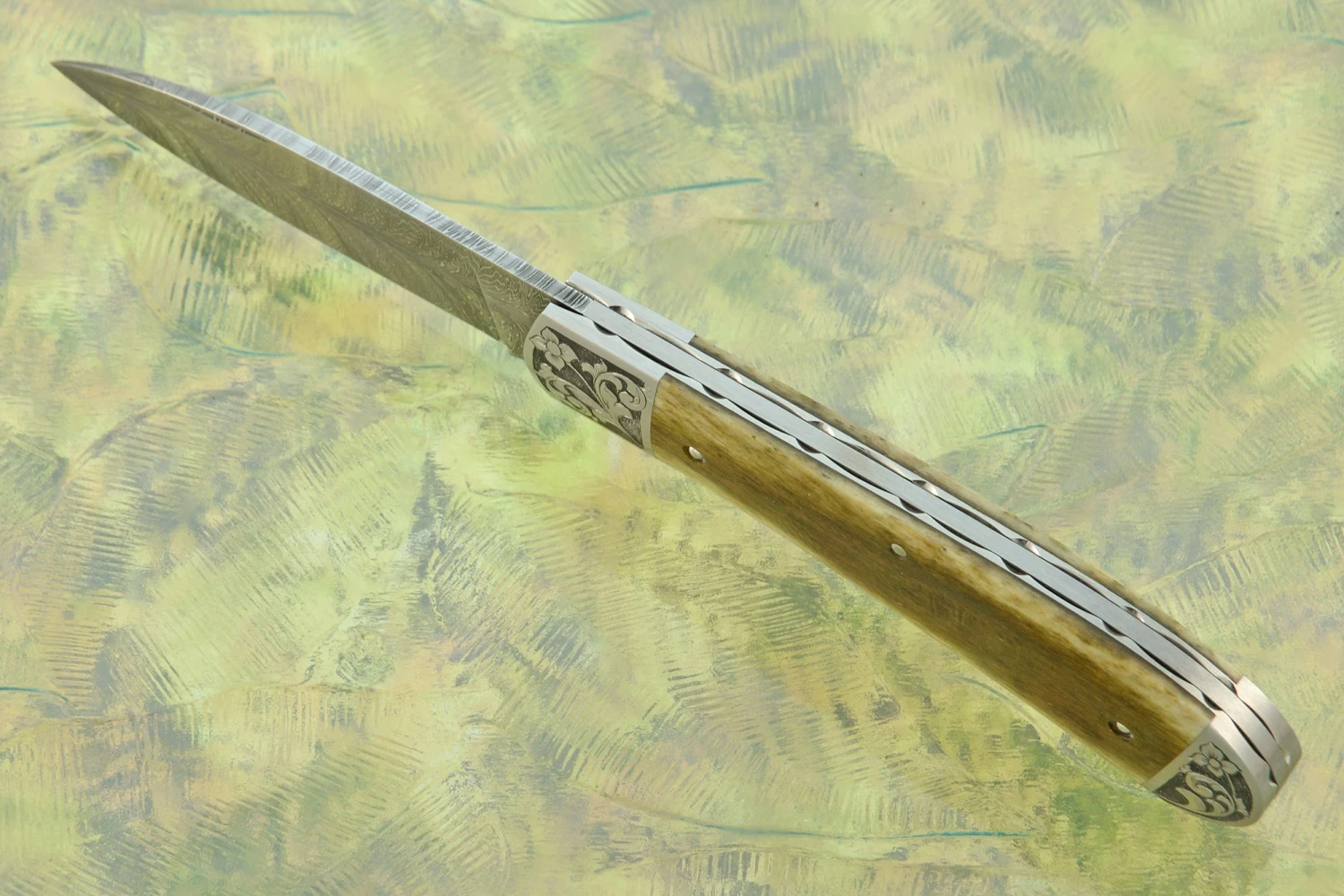 Engraved Feather Damascus Zulu Slipjoint With Green Bone 5 Engraved Feather Damascus Zulu Slipjoint With Green Bone - Image 5