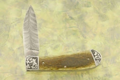 Engraved Feather Damascus Zulu Slipjoint With Green Bone 13 Engraved Feather Damascus Zulu Slipjoint With Green Bone -Optimal Knives Store 108359 6 x