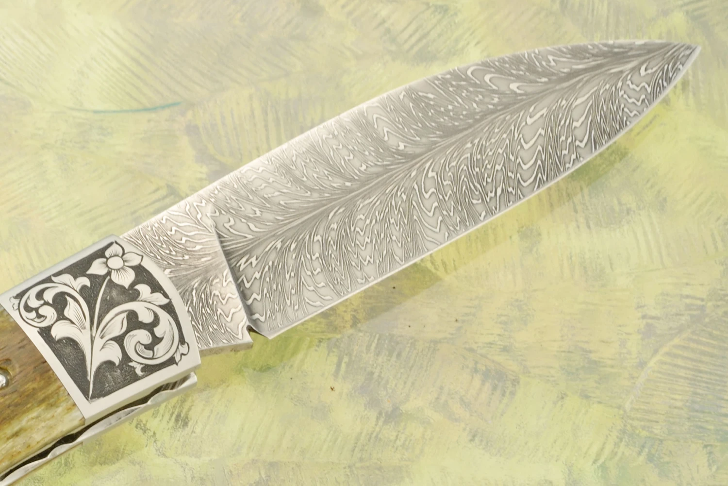 Engraved Feather Damascus Zulu Slipjoint With Green Bone 7 Engraved Feather Damascus Zulu Slipjoint With Green Bone - Image 7
