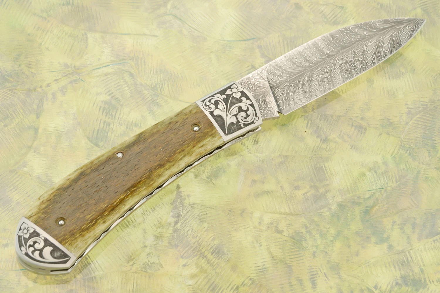 Engraved Feather Damascus Zulu Slipjoint With Green Bone 8 Engraved Feather Damascus Zulu Slipjoint With Green Bone - Image 8