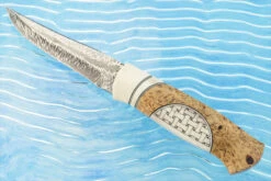 Swedish Utility With Feather Damascus, Engraved Reindeer Antler, And Birch -Optimal Knives Store 108538 8 x