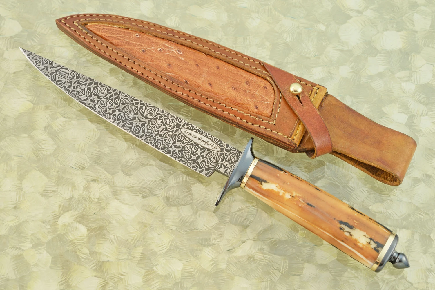 Mosaic Damascus Camp Knife With Walrus Ivory 1 Mosaic Damascus Camp Knife With Walrus Ivory