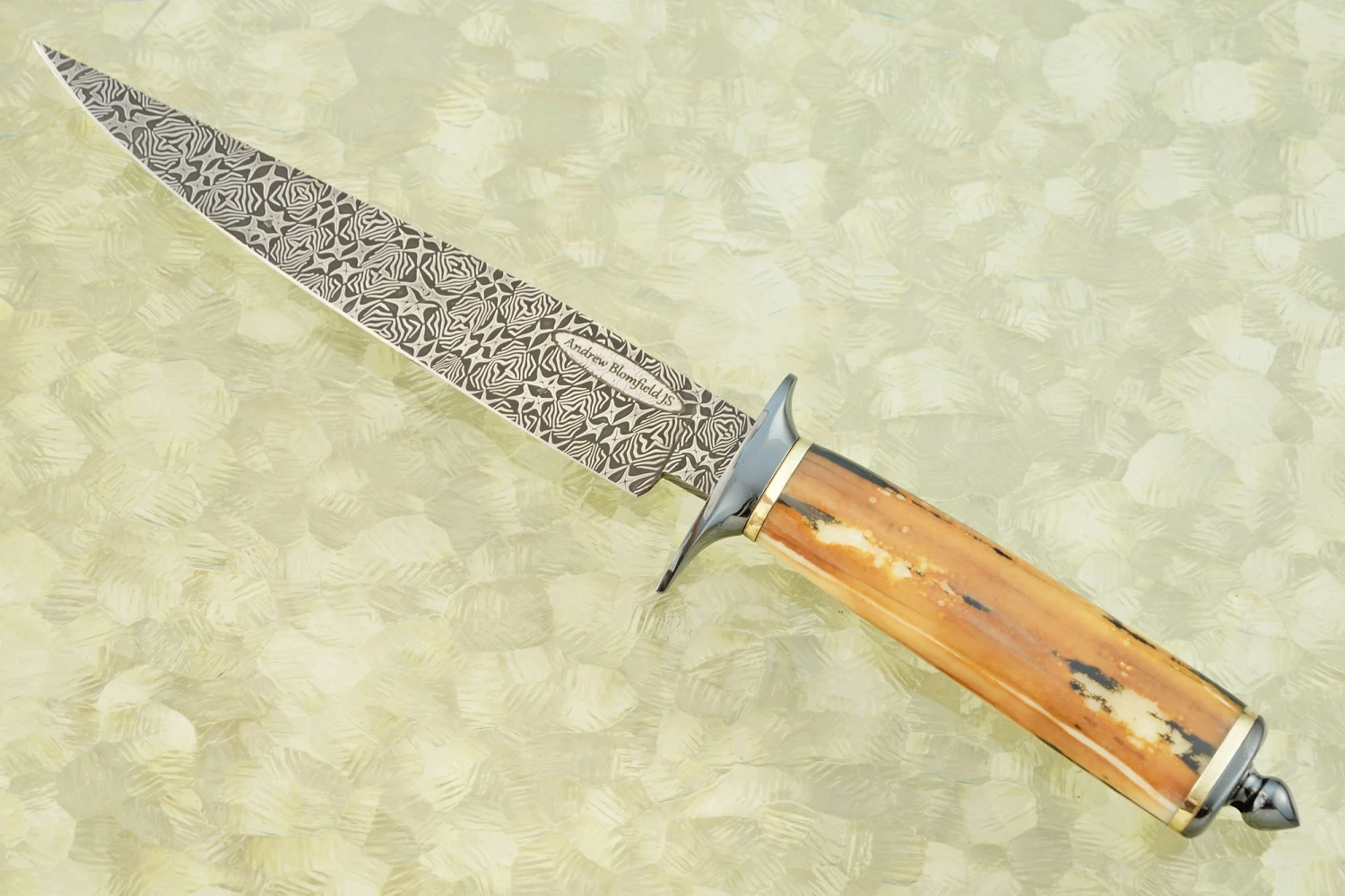 Mosaic Damascus Camp Knife With Walrus Ivory 2 Mosaic Damascus Camp Knife With Walrus Ivory - Image 2